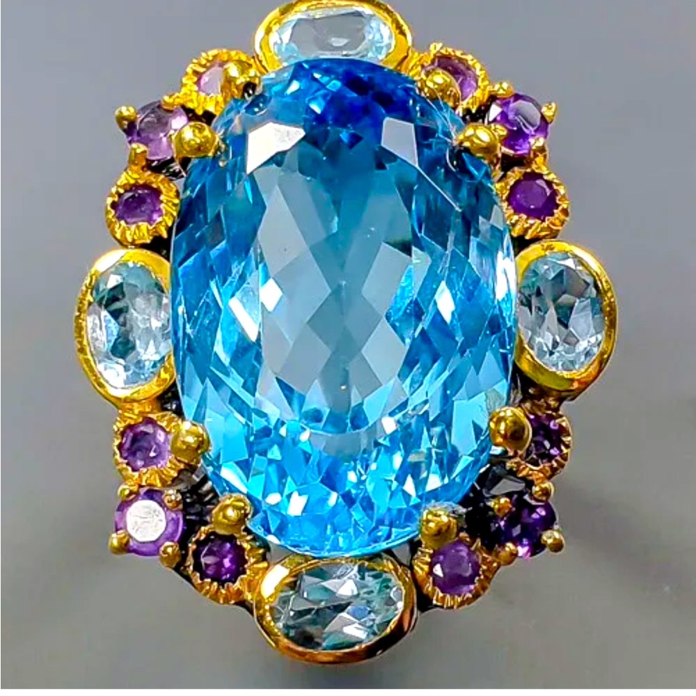 Natural 33 ct+ Irradiated Blue Topaz Ring 925 Sterling Silver Size 8.75